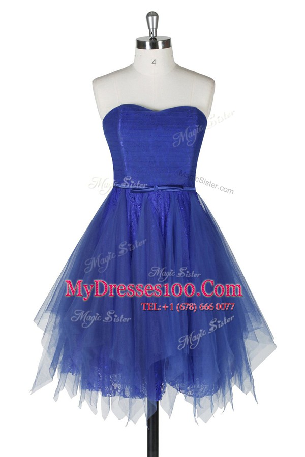 Inexpensive Royal Blue A-line Tulle and Lace Strapless Sleeveless Belt Knee Length Zipper Evening Dresses