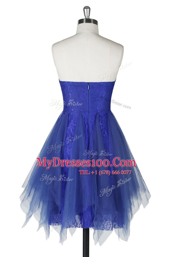 Inexpensive Royal Blue A-line Tulle and Lace Strapless Sleeveless Belt Knee Length Zipper Evening Dresses