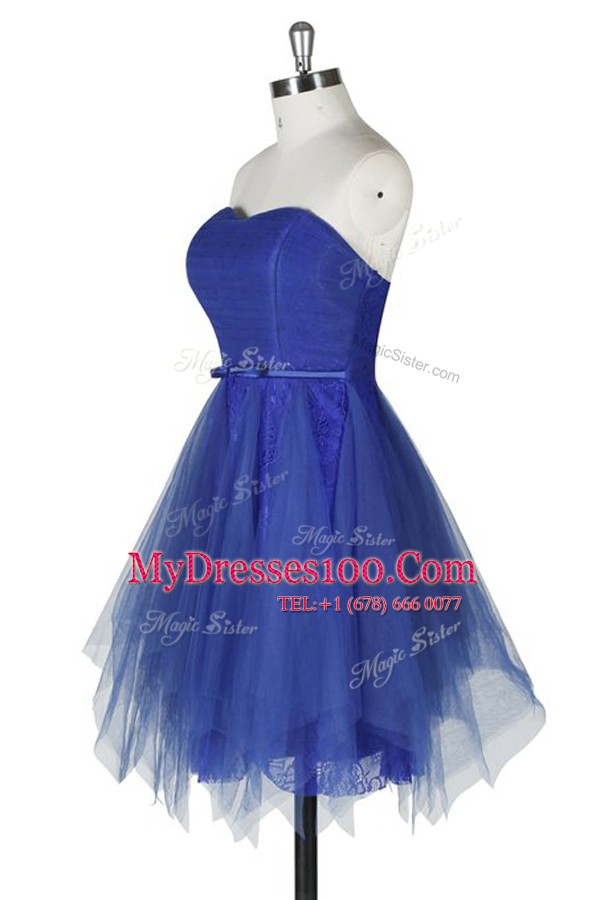 Inexpensive Royal Blue A-line Tulle and Lace Strapless Sleeveless Belt Knee Length Zipper Evening Dresses
