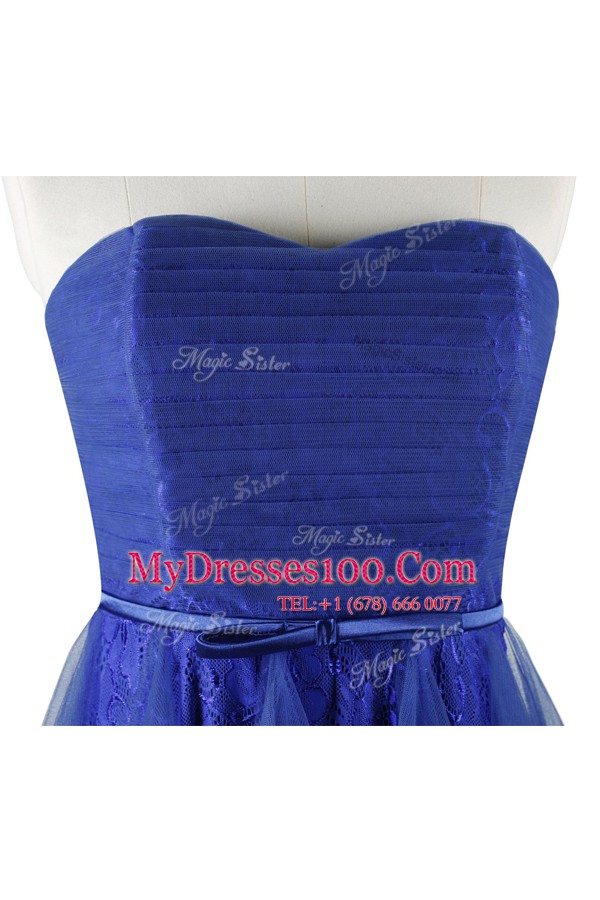 Inexpensive Royal Blue A-line Tulle and Lace Strapless Sleeveless Belt Knee Length Zipper Evening Dresses