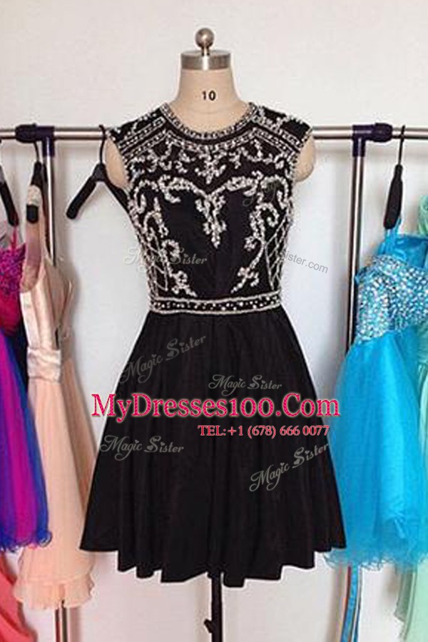 Scoop Black Zipper Evening Dress Beading Sleeveless Mini Length