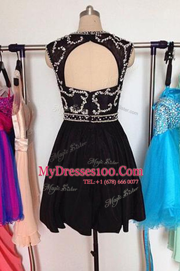 Scoop Black Zipper Evening Dress Beading Sleeveless Mini Length