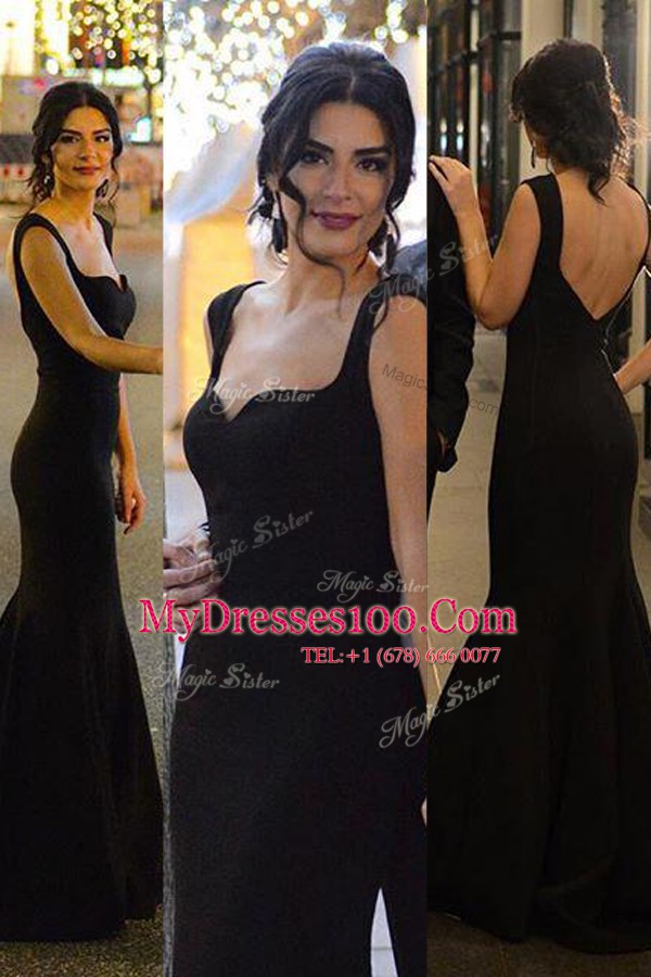 Mermaid Black Sleeveless Satin Sweep Train Zipper Prom Party Dress for Prom