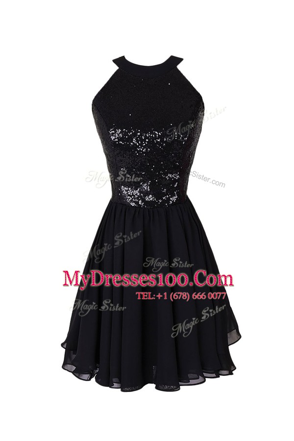 Scoop Sequins Black Sleeveless Chiffon Criss Cross Evening Dress for Prom and Party
