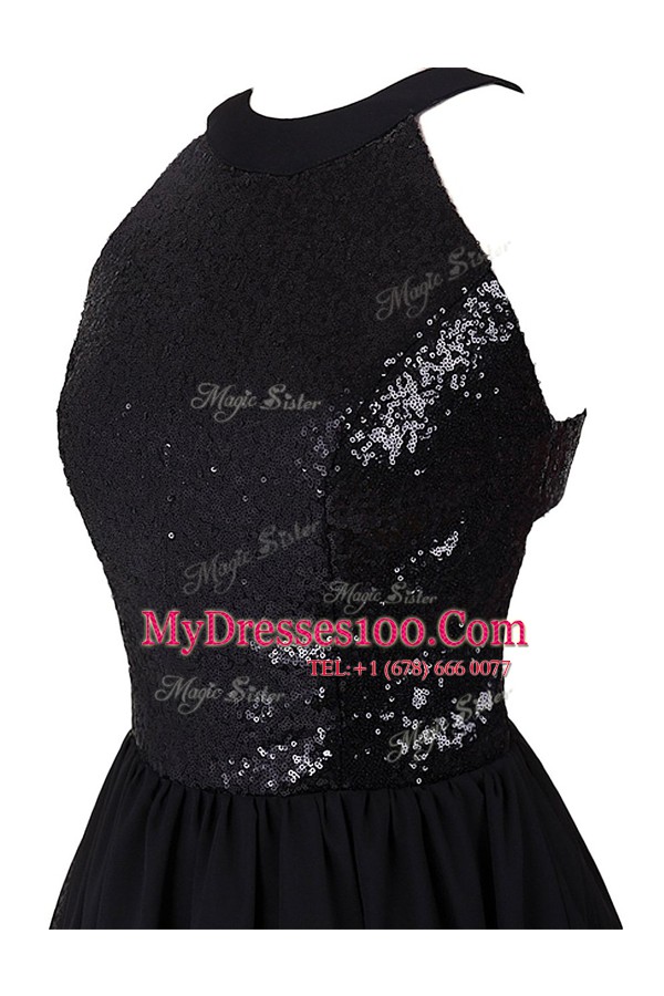 Scoop Sequins Black Sleeveless Chiffon Criss Cross Evening Dress for Prom and Party