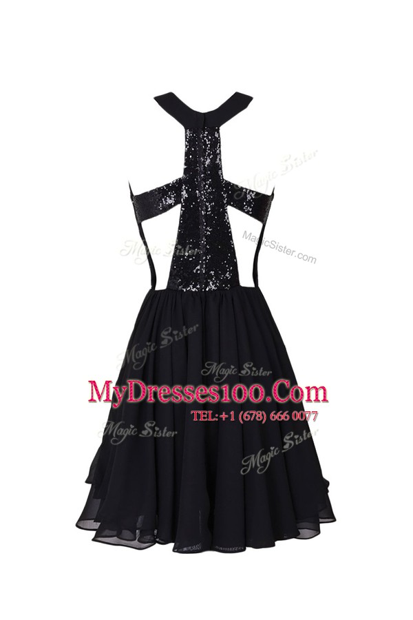 Scoop Sequins Black Sleeveless Chiffon Criss Cross Evening Dress for Prom and Party