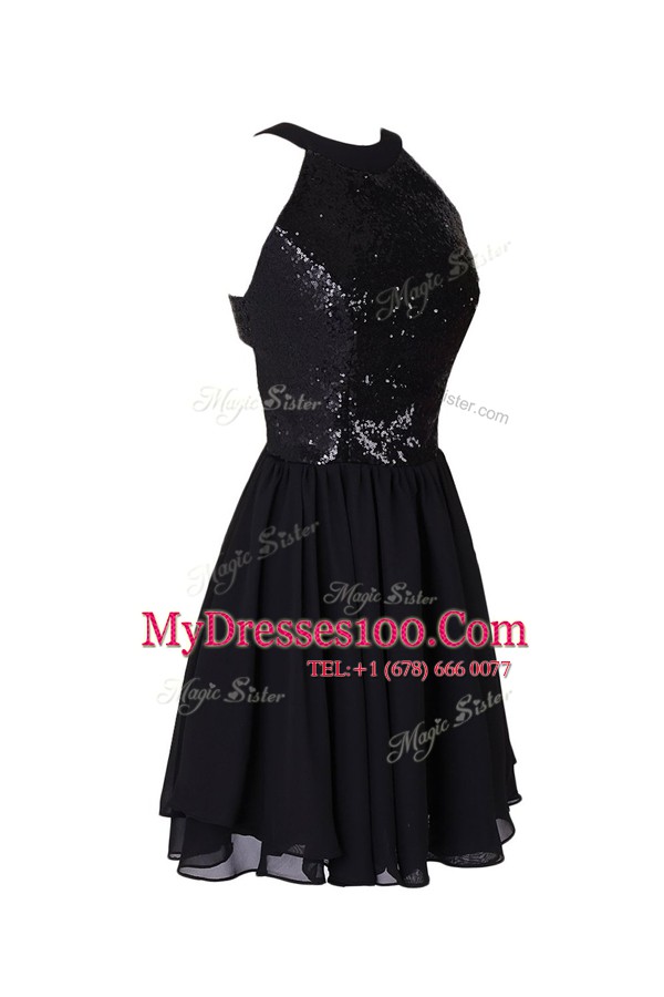 Scoop Sequins Black Sleeveless Chiffon Criss Cross Evening Dress for Prom and Party