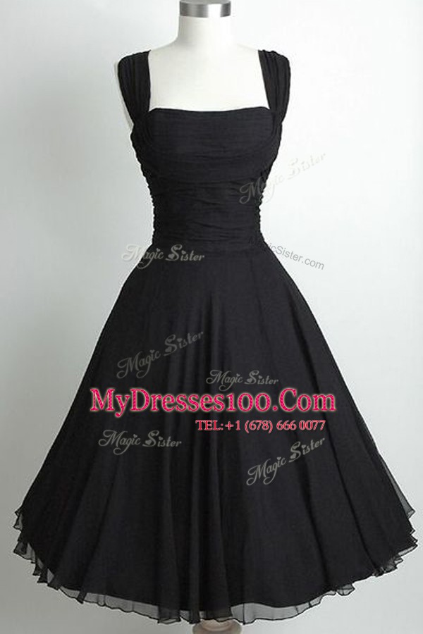 Cute Black A-line Square Sleeveless Chiffon Tea Length Side Zipper Ruching Juniors Evening Dress