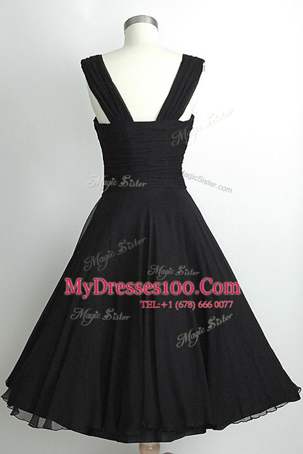 Cute Black A-line Square Sleeveless Chiffon Tea Length Side Zipper Ruching Juniors Evening Dress