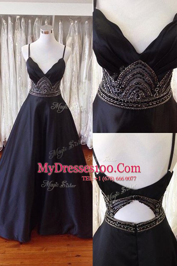 Beading Prom Dresses Black Backless Sleeveless With Train Sweep Train