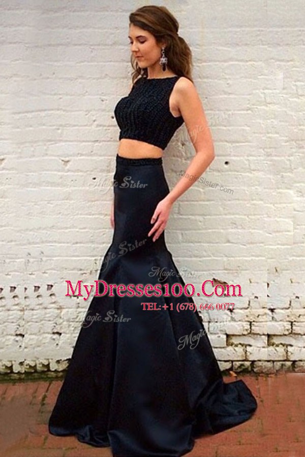 Delicate Mermaid Black Bateau Backless Beading Prom Party Dress Sweep Train Sleeveless