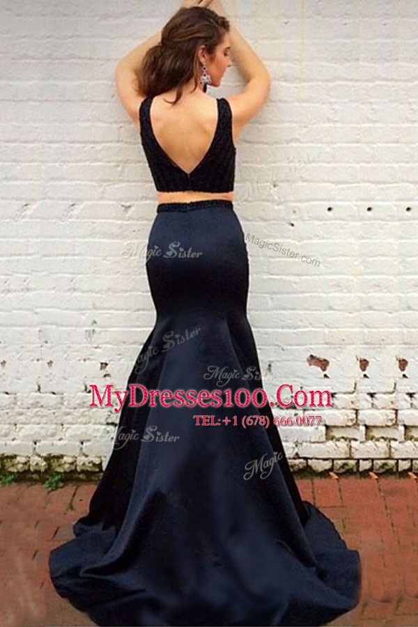 Delicate Mermaid Black Bateau Backless Beading Prom Party Dress Sweep Train Sleeveless