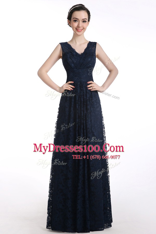 Elegant Floor Length Black Prom Dress V-neck Sleeveless Zipper