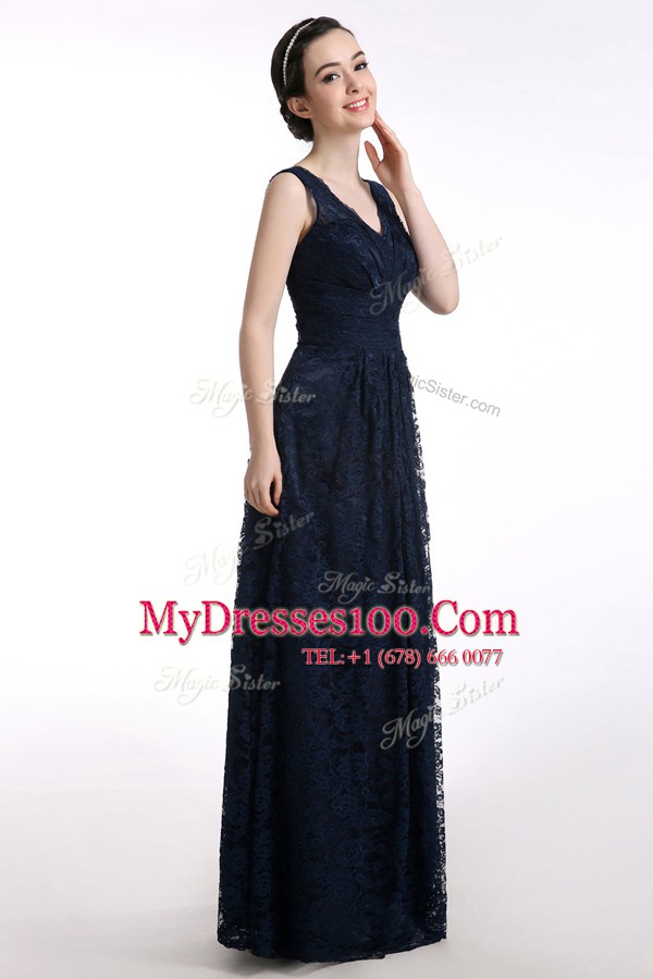 Elegant Floor Length Black Prom Dress V-neck Sleeveless Zipper