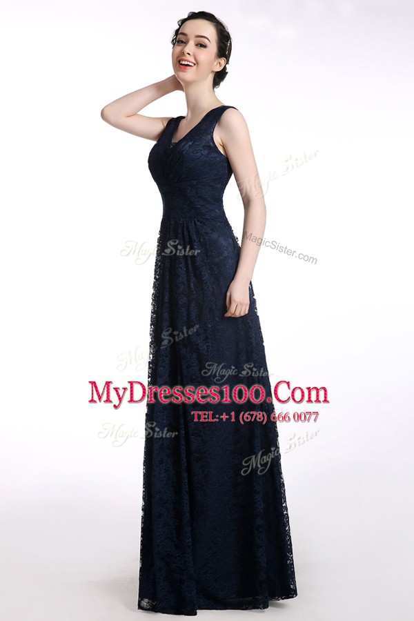 Elegant Floor Length Black Prom Dress V-neck Sleeveless Zipper