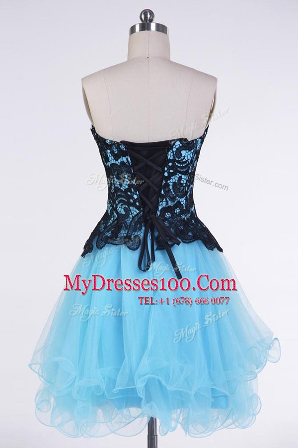 Discount Sweetheart Sleeveless Evening Party Dresses Mini Length Appliques Blue And Black Tulle
