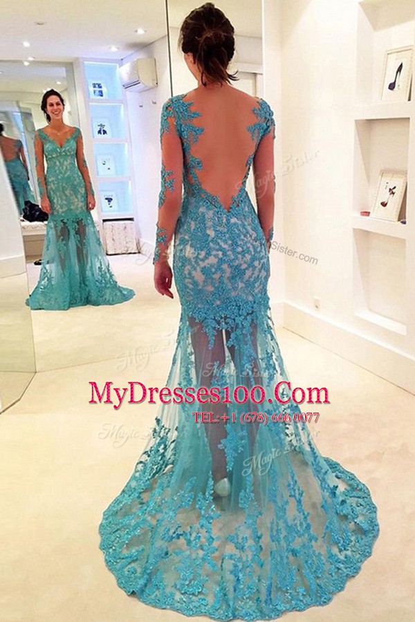 Wonderful Mermaid V-neck Long Sleeves Lace Prom Dress Lace Brush Train Backless