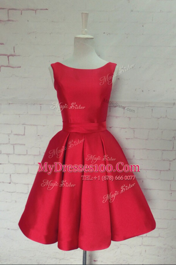 Red Satin Backless Evening Outfits Sleeveless Knee Length Bowknot
