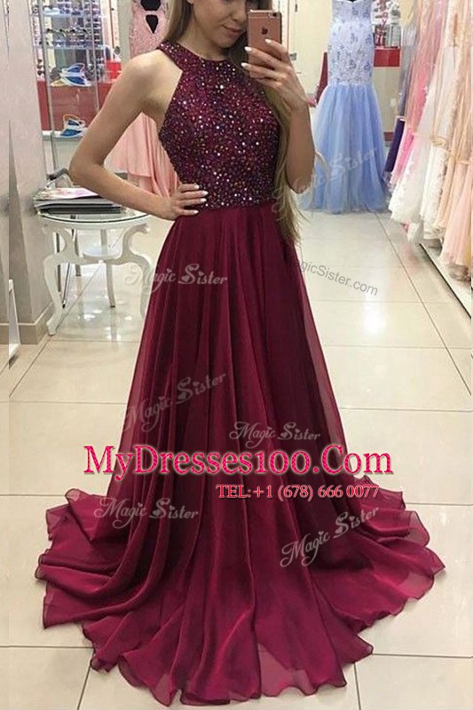 Halter Top Burgundy A-line Beading Prom Party Dress Zipper Chiffon Sleeveless