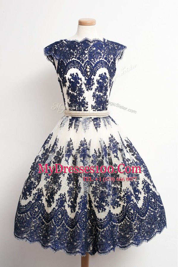 Luxurious Scalloped Navy Blue Cap Sleeves Tulle Zipper Homecoming Dress for Prom and Party