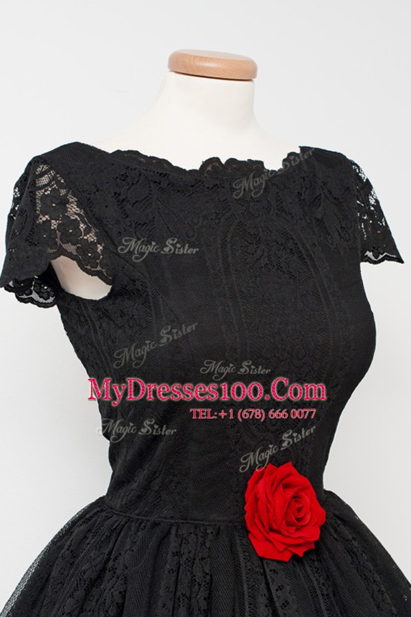 Sophisticated Lace Black Cap Sleeves Knee Length Hand Made Flower Backless Cocktail Dresses