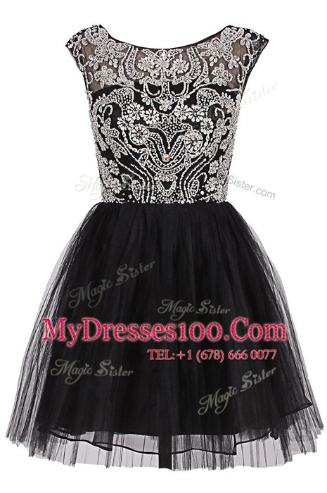 Black Bateau Zipper Beading Evening Gowns Cap Sleeves