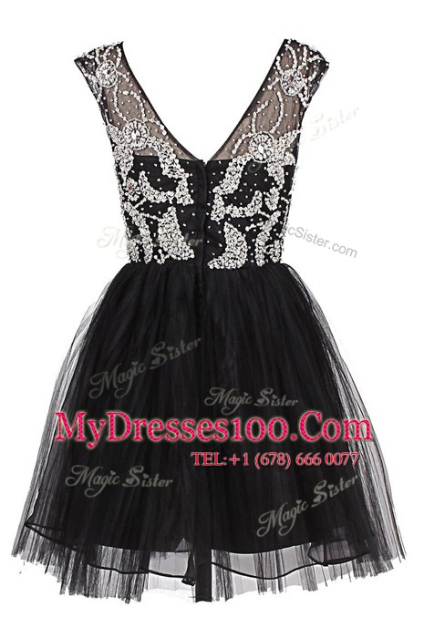Black Bateau Zipper Beading Evening Gowns Cap Sleeves