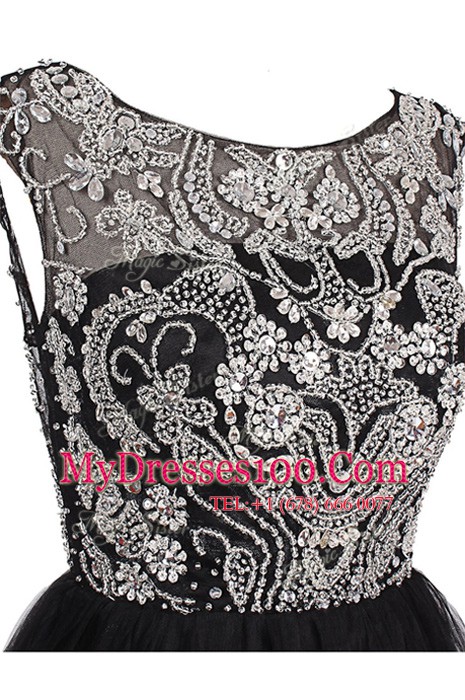 Black Bateau Zipper Beading Evening Gowns Cap Sleeves