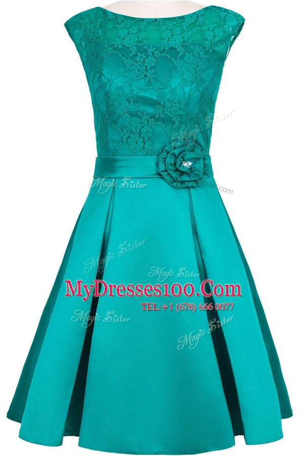 Hot Sale Lace Teal Scoop Neckline Hand Made Flower Cocktail Dress Cap Sleeves Zipper