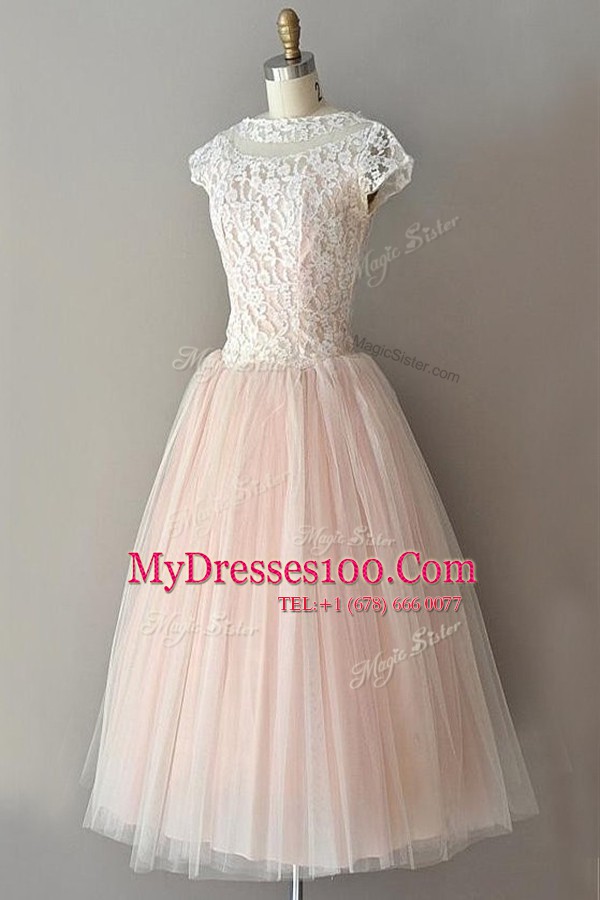 Attractive Tulle Bateau Cap Sleeves Zipper Lace Prom Evening Gown in Pink