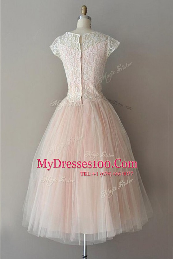 Attractive Tulle Bateau Cap Sleeves Zipper Lace Prom Evening Gown in Pink