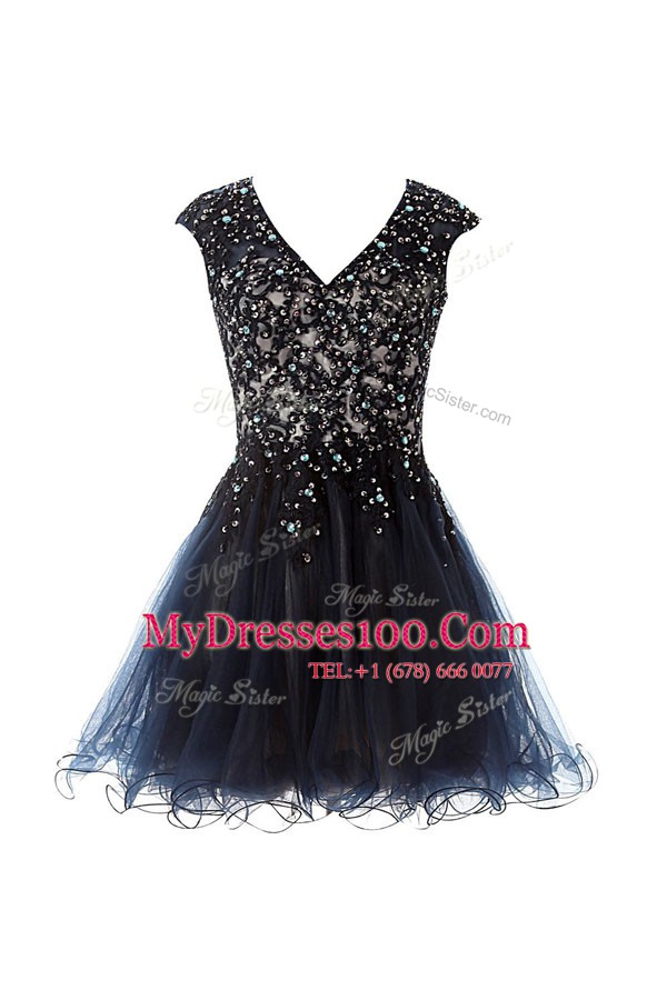 Custom Designed Cap Sleeves Knee Length Beading Criss Cross Evening Party Dresses with Navy Blue