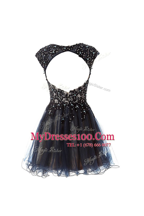 Custom Designed Cap Sleeves Knee Length Beading Criss Cross Evening Party Dresses with Navy Blue