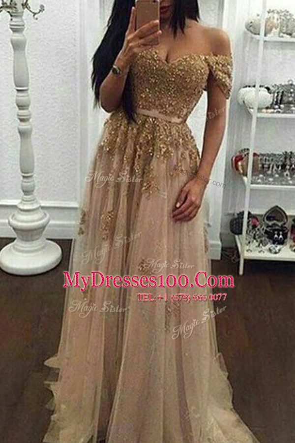 Attractive Off the Shoulder Champagne Zipper Homecoming Dress Beading and Appliques Short Sleeves With Train Sweep Train