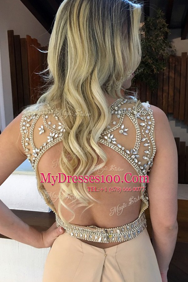Eye-catching Mermaid Scoop Sleeveless Beading Backless Dress for Prom with Champagne Sweep Train