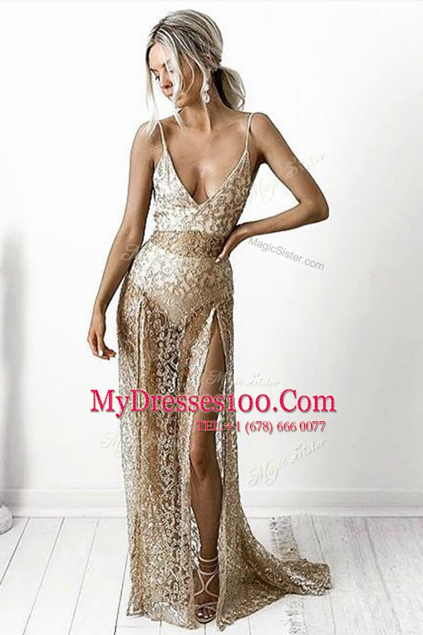 Fancy Champagne Spaghetti Straps Backless Lace Prom Dress Brush Train Sleeveless