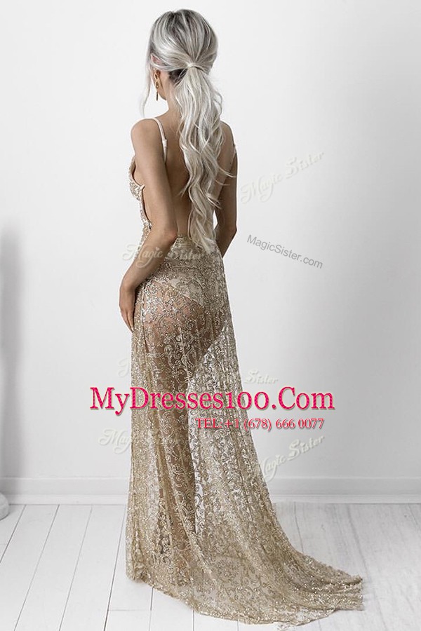 Fancy Champagne Spaghetti Straps Backless Lace Prom Dress Brush Train Sleeveless