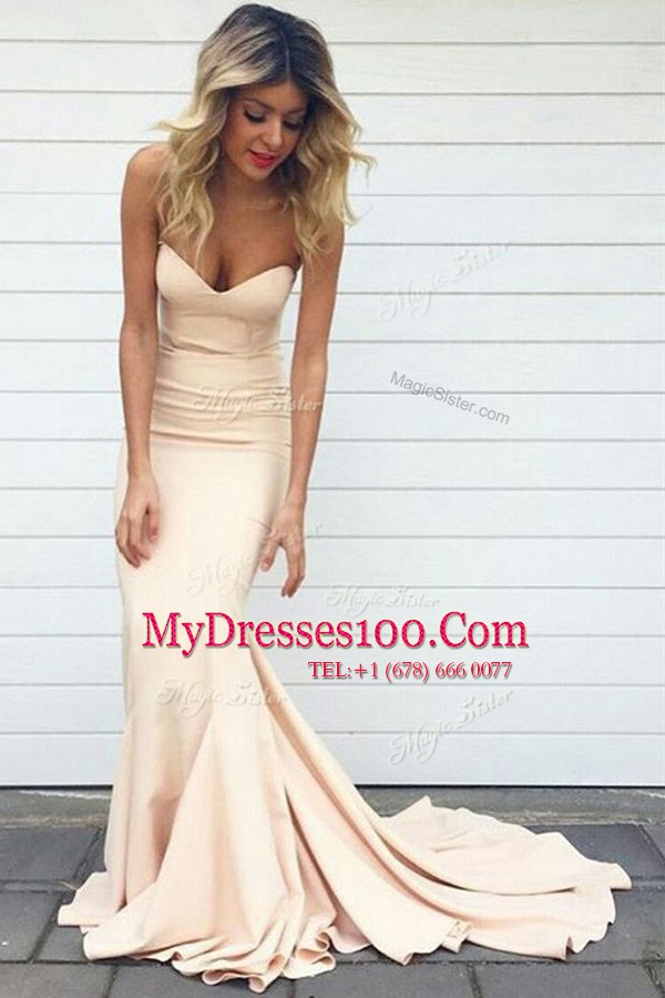 Mermaid Sweetheart Sleeveless Elastic Woven Satin Dress for Prom Ruching Court Train Zipper