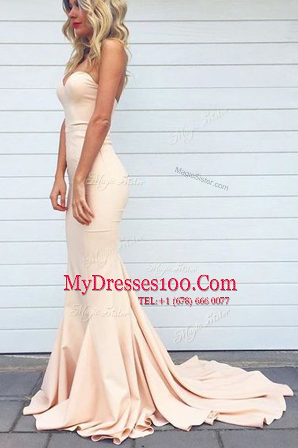 Mermaid Sweetheart Sleeveless Elastic Woven Satin Dress for Prom Ruching Court Train Zipper