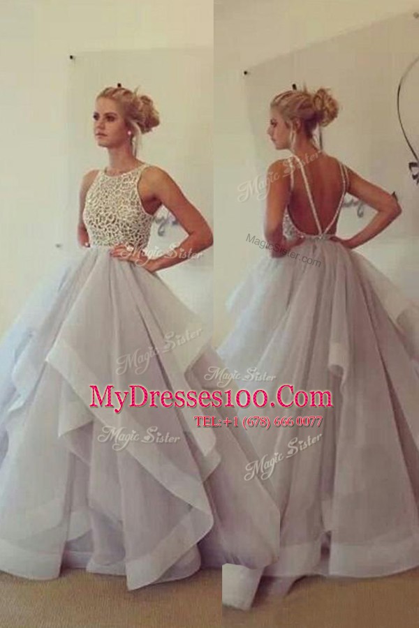 Scoop Lace Military Ball Dresses Champagne Backless Sleeveless With Train Sweep Train