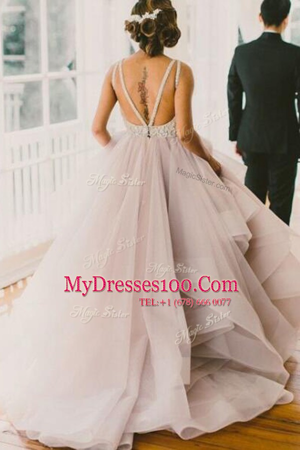 Scoop Lace Military Ball Dresses Champagne Backless Sleeveless With Train Sweep Train