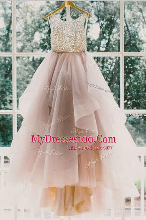 Scoop Lace Military Ball Dresses Champagne Backless Sleeveless With Train Sweep Train