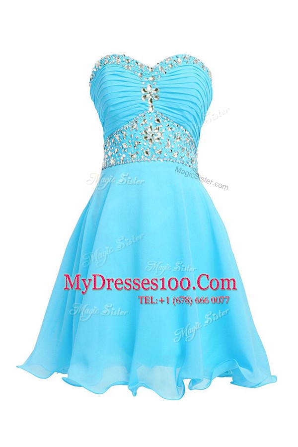 Knee Length Lace Up Evening Dress Baby Blue for Prom and Party with Beading