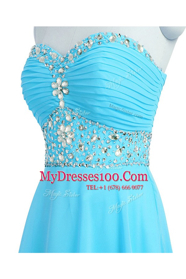 Knee Length Lace Up Evening Dress Baby Blue for Prom and Party with Beading