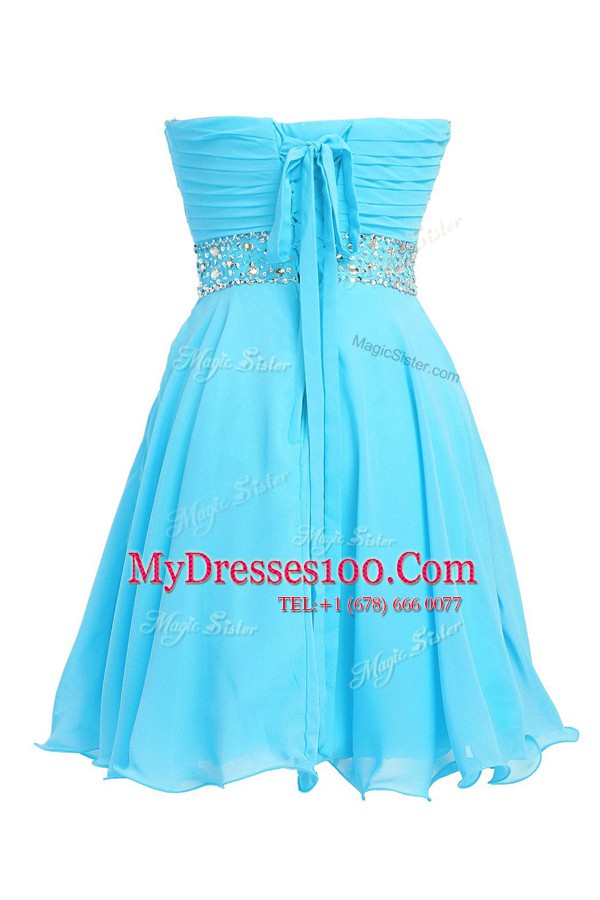 Knee Length Lace Up Evening Dress Baby Blue for Prom and Party with Beading