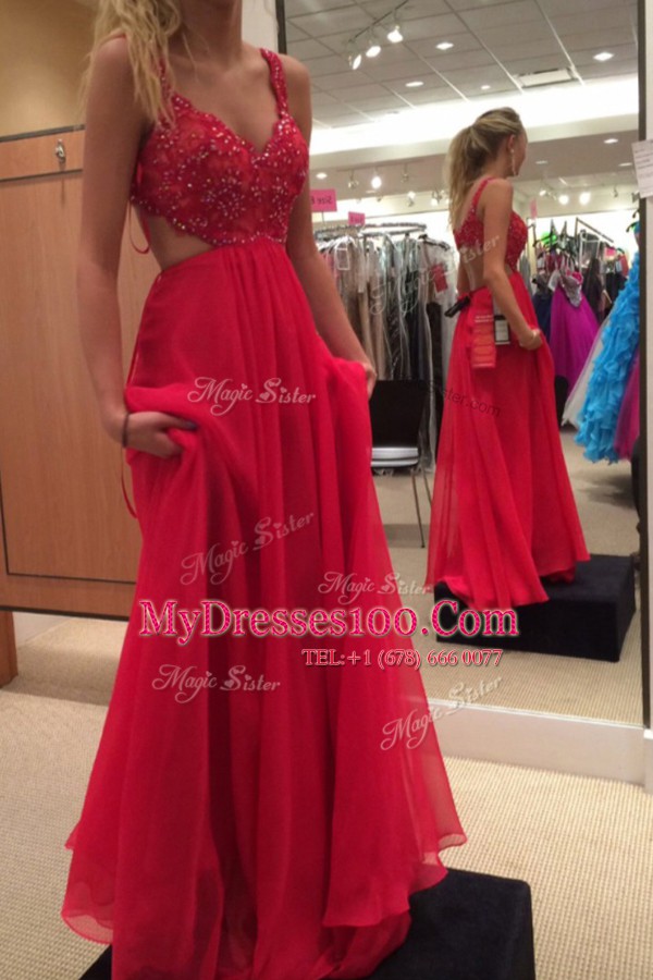 Excellent V-neck Sleeveless Backless Homecoming Dress Red Chiffon
