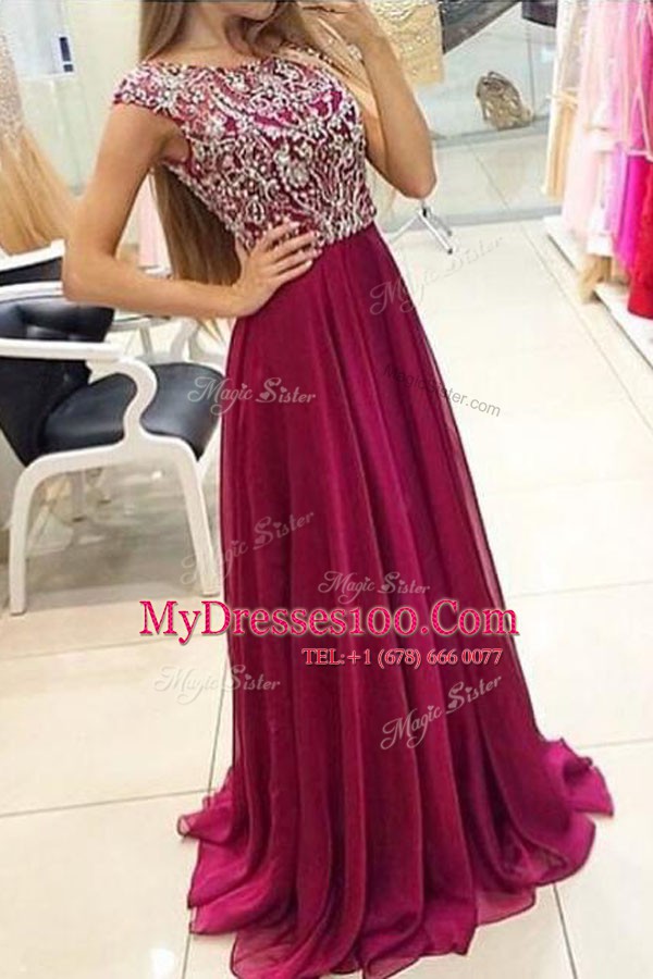 Burgundy Chiffon Zipper Cap Sleeves With Train Sweep Train Beading