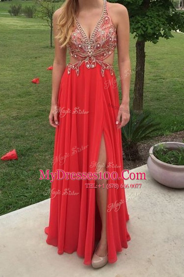 Artistic Red Backless V-neck Beading Chiffon Sleeveless
