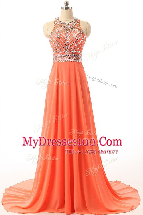 Fashionable Orange Halter Top Backless Beading Prom Gown Court Train Sleeveless