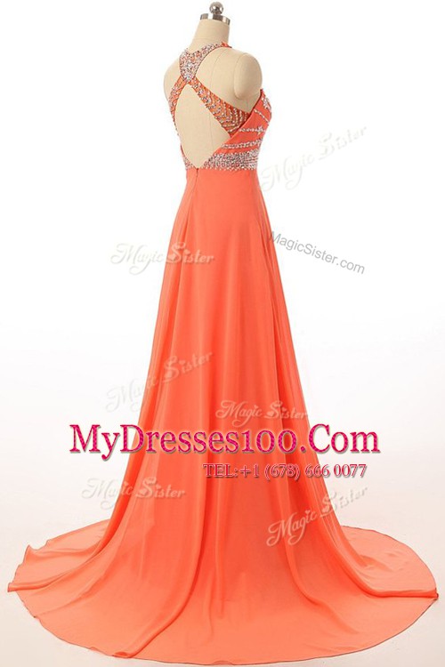 Fashionable Orange Halter Top Backless Beading Prom Gown Court Train Sleeveless